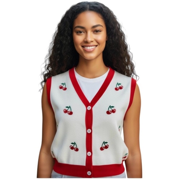 BELLE POQUE Women's White Cherry Coded Embroidered Crop Knit Sweater Vest Size M - Picture 10 of 10